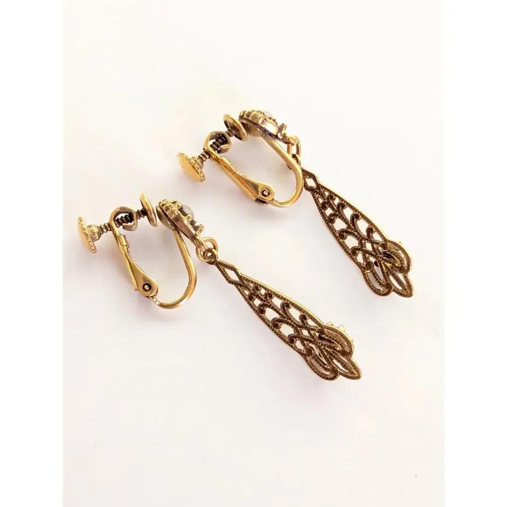Vintage Antique Gold Tone Filigree Art Deco Faux Pearl Dangle Clip On Earrings